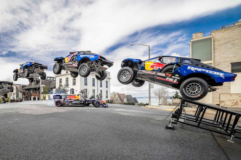 Ford Raptor T1+ Jumps over the Oracle Red Bull Racing RB7 Formula 1 car in San Francisco