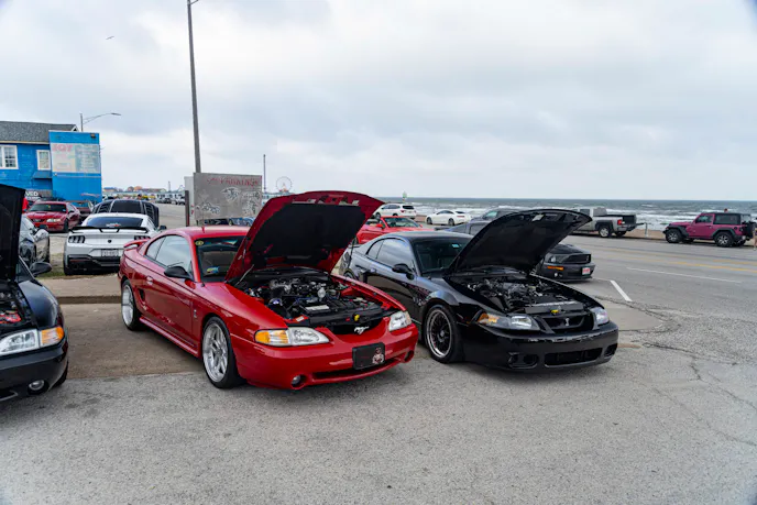 Two Mustang Cobra's parked with hoods up. One Black and one Red.