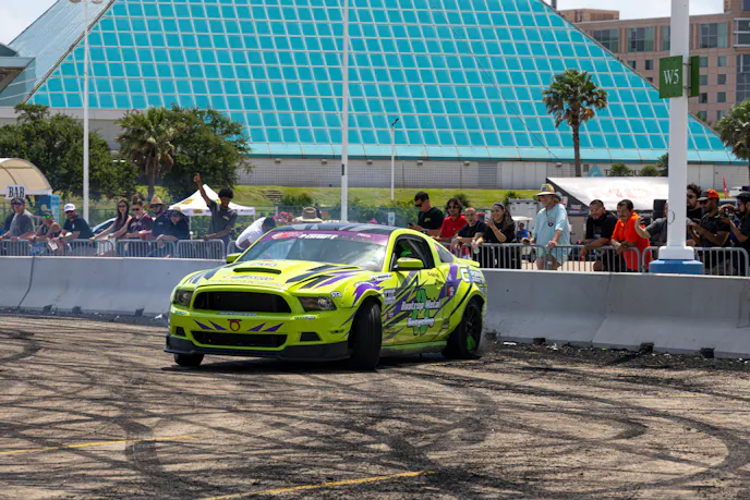 Green S197 Mustang Drift Car in action